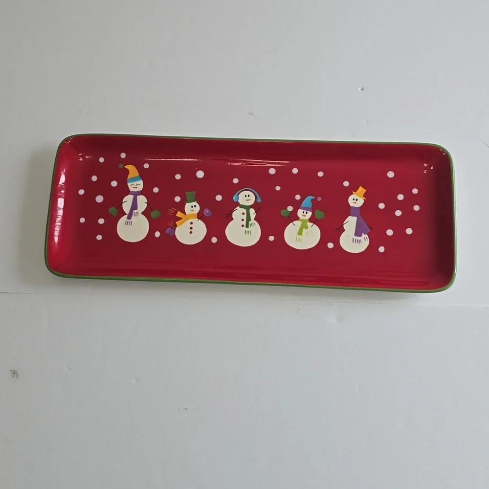 Pier 1 Retired Snowman Family Serving Platter Handpainted Dolomite Red 18.5